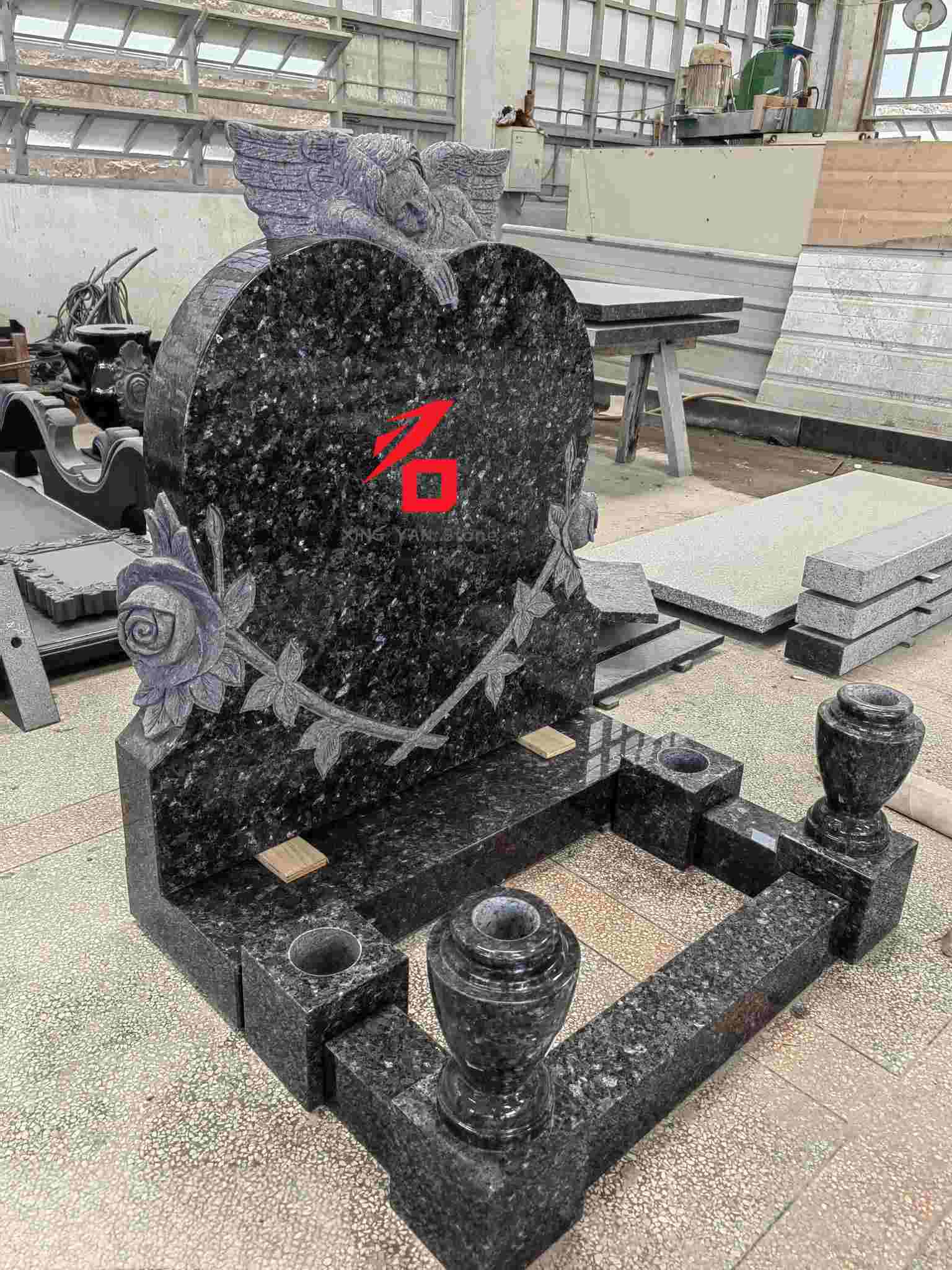 Blue Pearl Granite Heart-Shaped Angel Memorial Tombstone