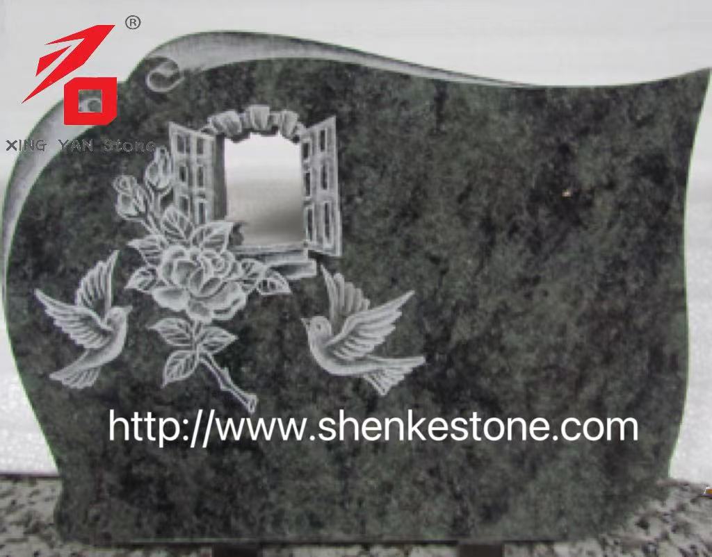 Delicate Green Granite Carved Bird Memorial Plaque