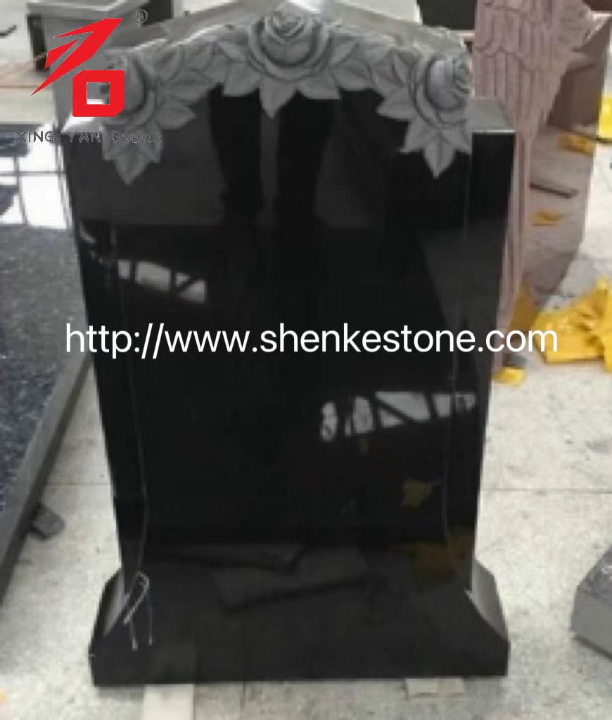 High Quality Black Granite Carved Rose Memorial For Cemetery
