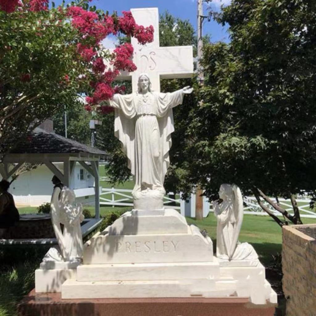 Marble Jesus Cross and Angel Tombstone Sculpture