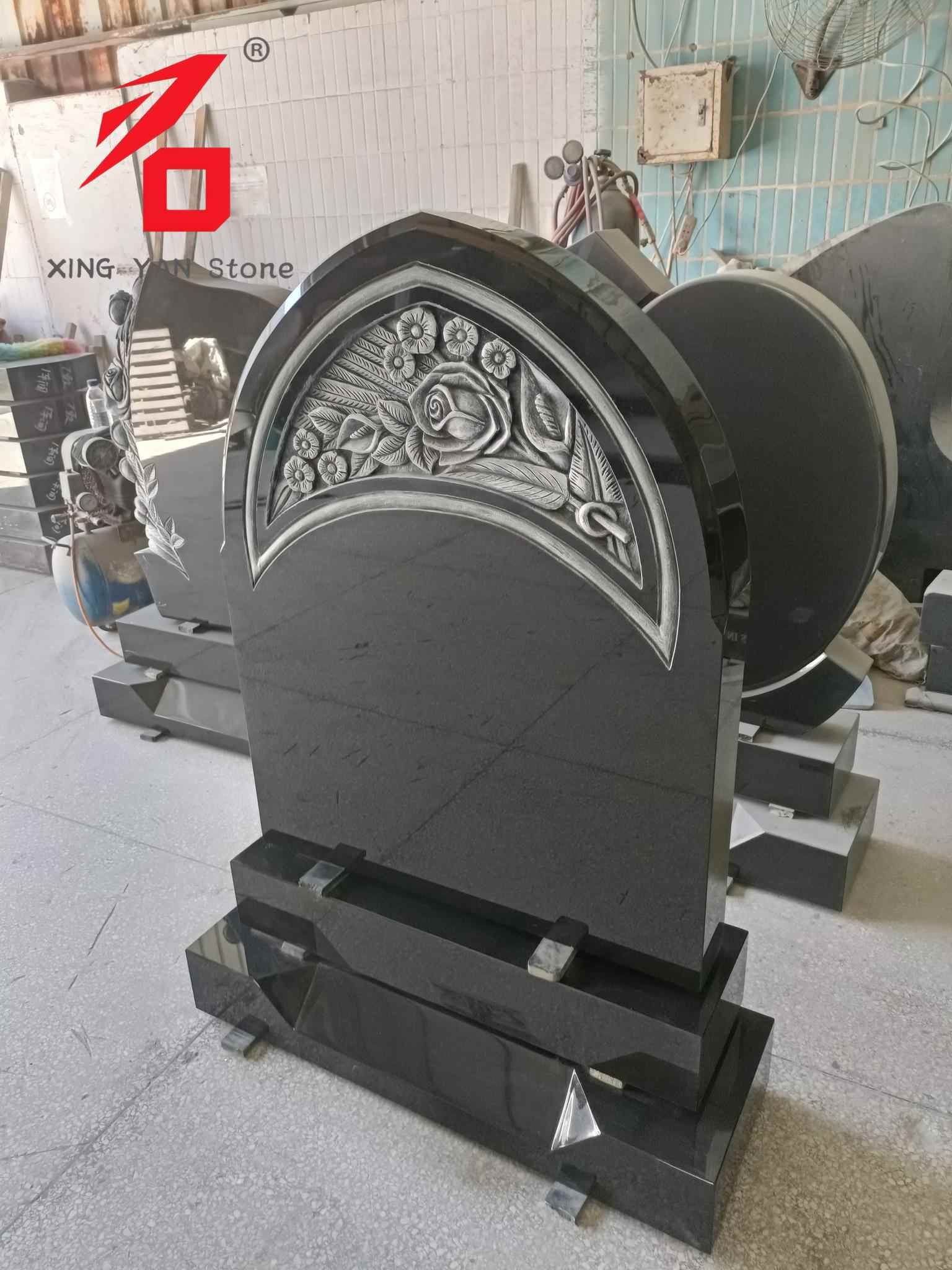 Rose-Carved Tombstone, Black Granite Arched Tombstone