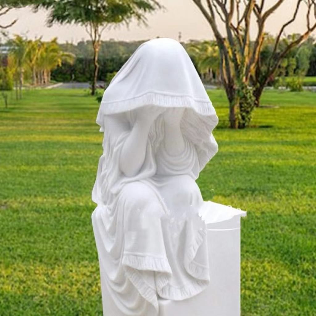 White Marble Figure Statue with a Veil - Artistic Memorial Decorative Stone Sculpture
